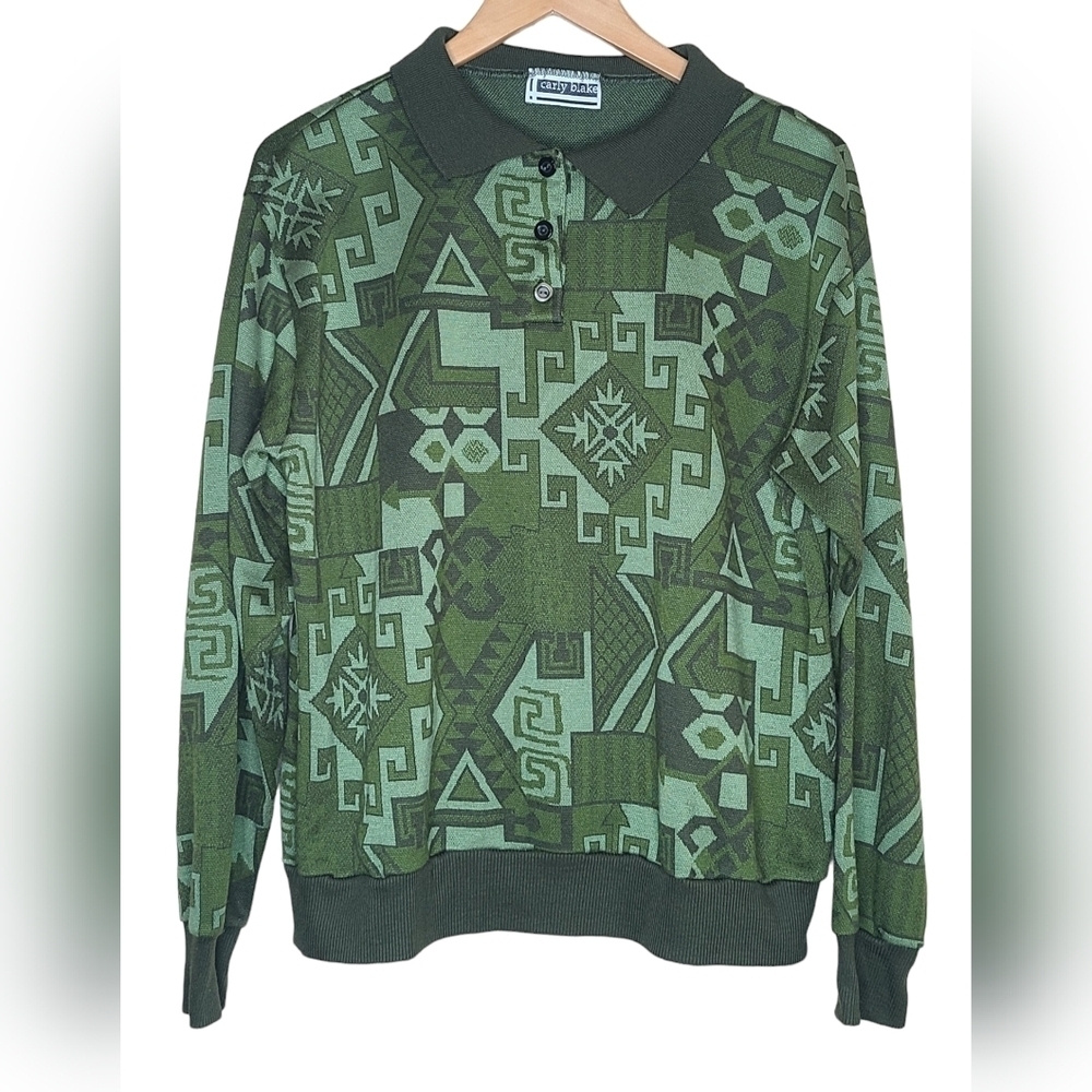 Vintage Carly Blake Women's Size XL Green Geometric Longsleeve Collared Shirt